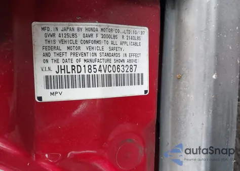 1997 Honda Cr-V z USA, uszkodzony, nr VIN JHLRD1854VC063287